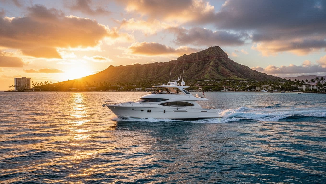 A wooden sailboat glides across calm blue waves under a vibrant orange sky. In the background, the iconic silhouettes of Diamond Head mountains rise above the horizon as golden light shimmers.