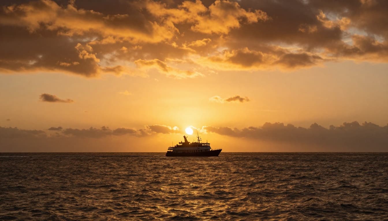Boat silhouette against golden orange sunset over Pacific Ocean with water reflections.