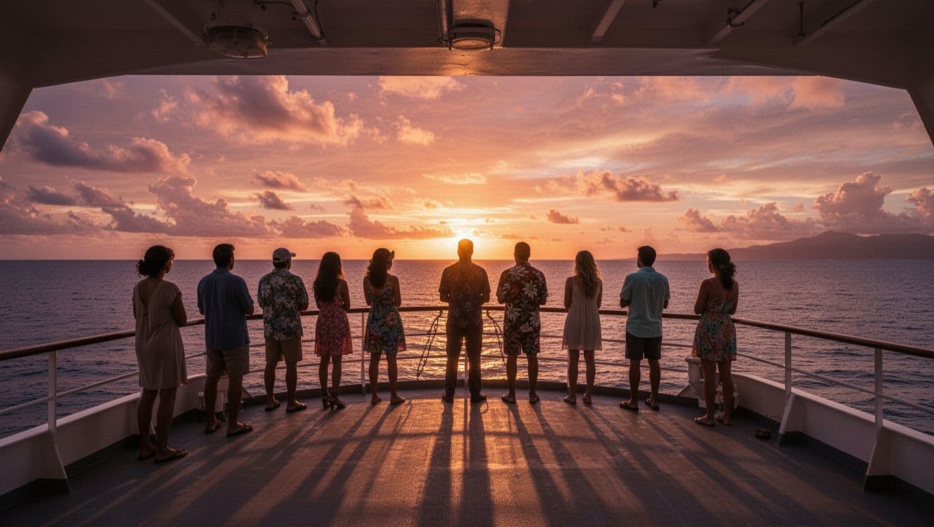 Silhouettes of people on boat deck watch colorful Hawaiian sunset over calm ocean.