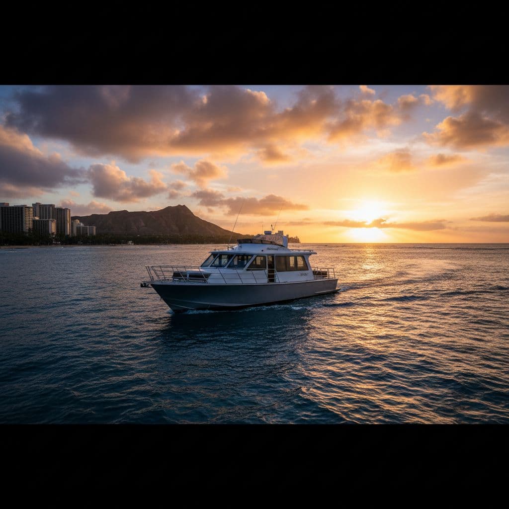A modern tour boat cruises along the vibrant blue Waikiki coastline during a golden sunset.