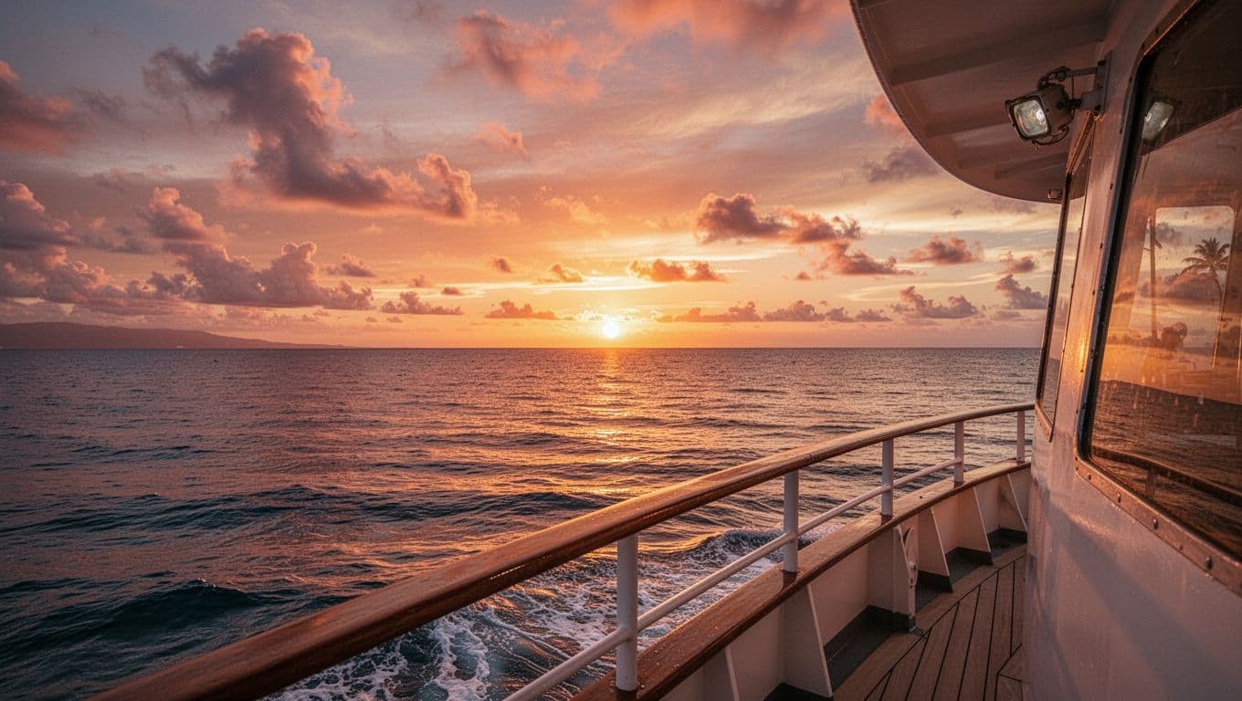 Vibrant orange and gold light illuminates the Pacific Ocean waves as seen from a white boat deck. The calm water mirrors the dramatic colorful clouds during a peaceful evening at sea.