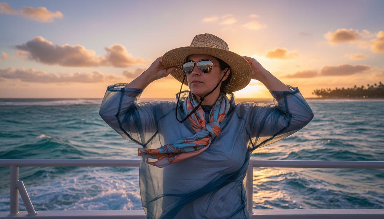 One person on the windy deck of a double-decker boat at Waikiki sunset, facing the ocean while wearing a strapped wide-brim hat, scarf, polarized sunglasses, and wind-resistant poncho, hands adjusting hat against breeze, with choppy turquoise waves and orange sky.