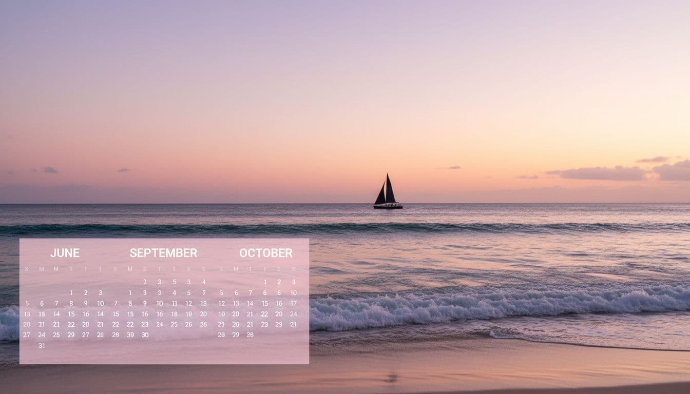 Calendar highlighting peak sunset months June, September, and October for Waikiki, with soft pink sky hues, ocean waves, and sailboat silhouette in a clean, realistic composition.