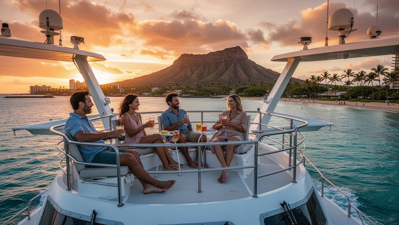 Double-decker catamaran sails turquoise ocean off Waikiki Beach at sunset, four adults relax on upper deck with Diamond Head silhouetted.