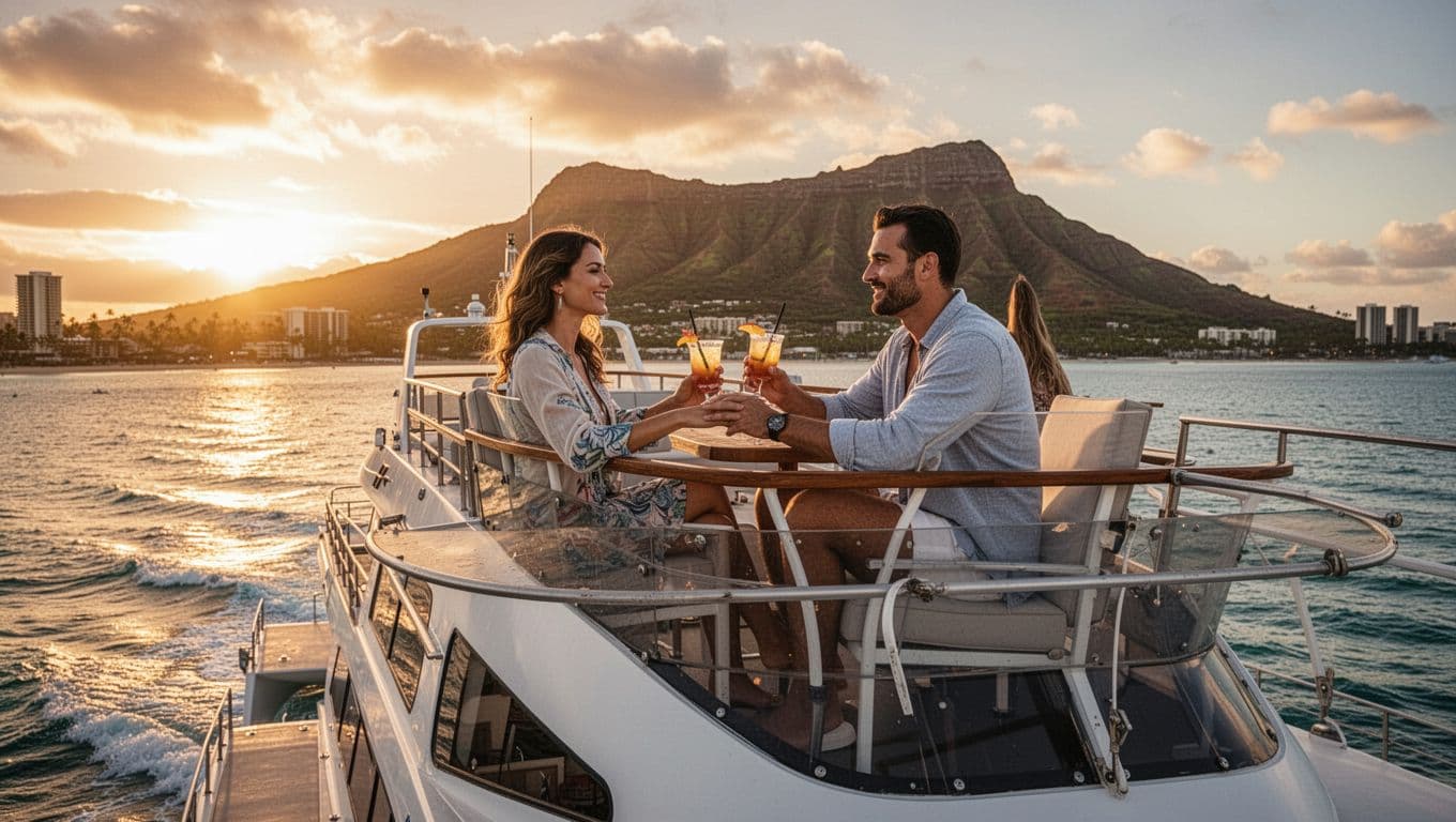 Double-decker catamaran sails Waikiki coast at sunset, couple relaxes on upper deck with drinks, Diamond Head silhouette.