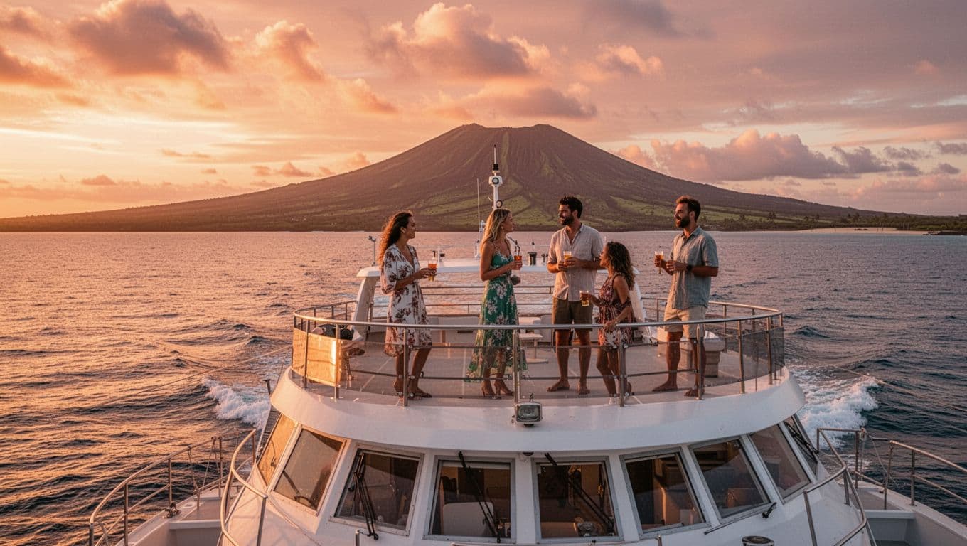 Double-decker catamaran sails calm ocean off Waikiki at sunset, Diamond Head silhouette in background, four people relax on upper deck with drinks.