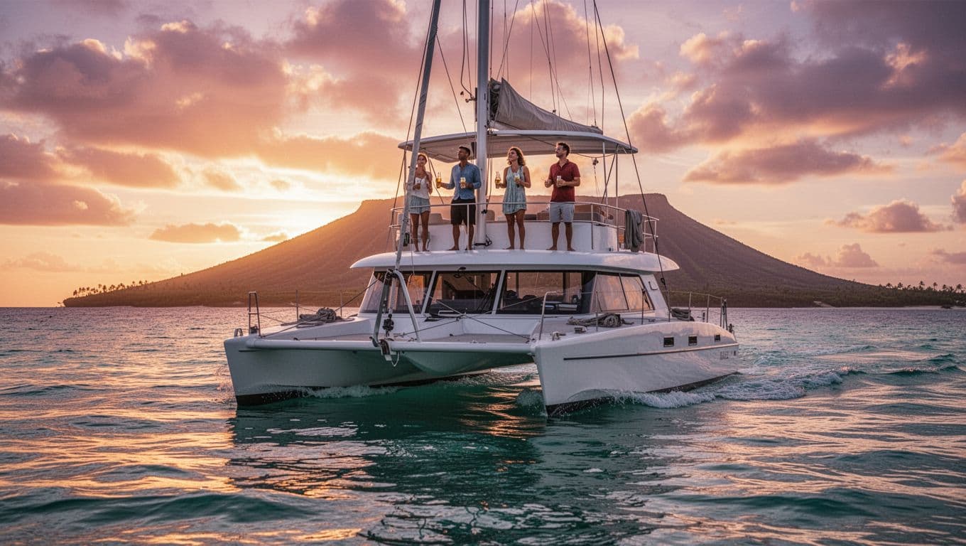Double-decker catamaran sails turquoise ocean off Waikiki Beach at sunset, Diamond Head on horizon, four passengers on upper deck with drinks.