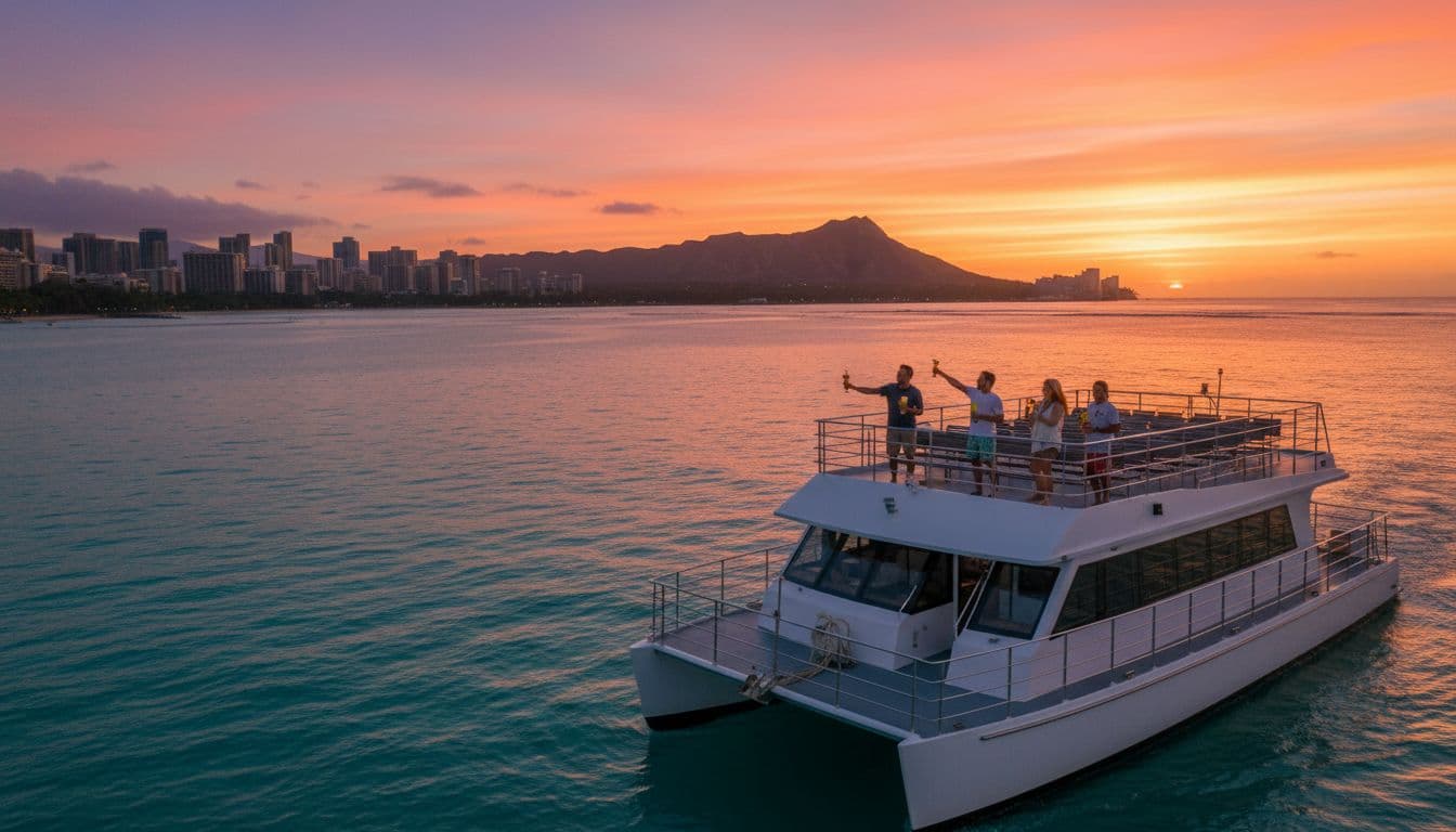 Double-decker power catamaran boat cruises smoothly off Waikiki Beach at sunset, with Diamond Head volcano silhouetted against a vibrant orange-pink sky and relaxed passengers enjoying drinks on the upper deck.