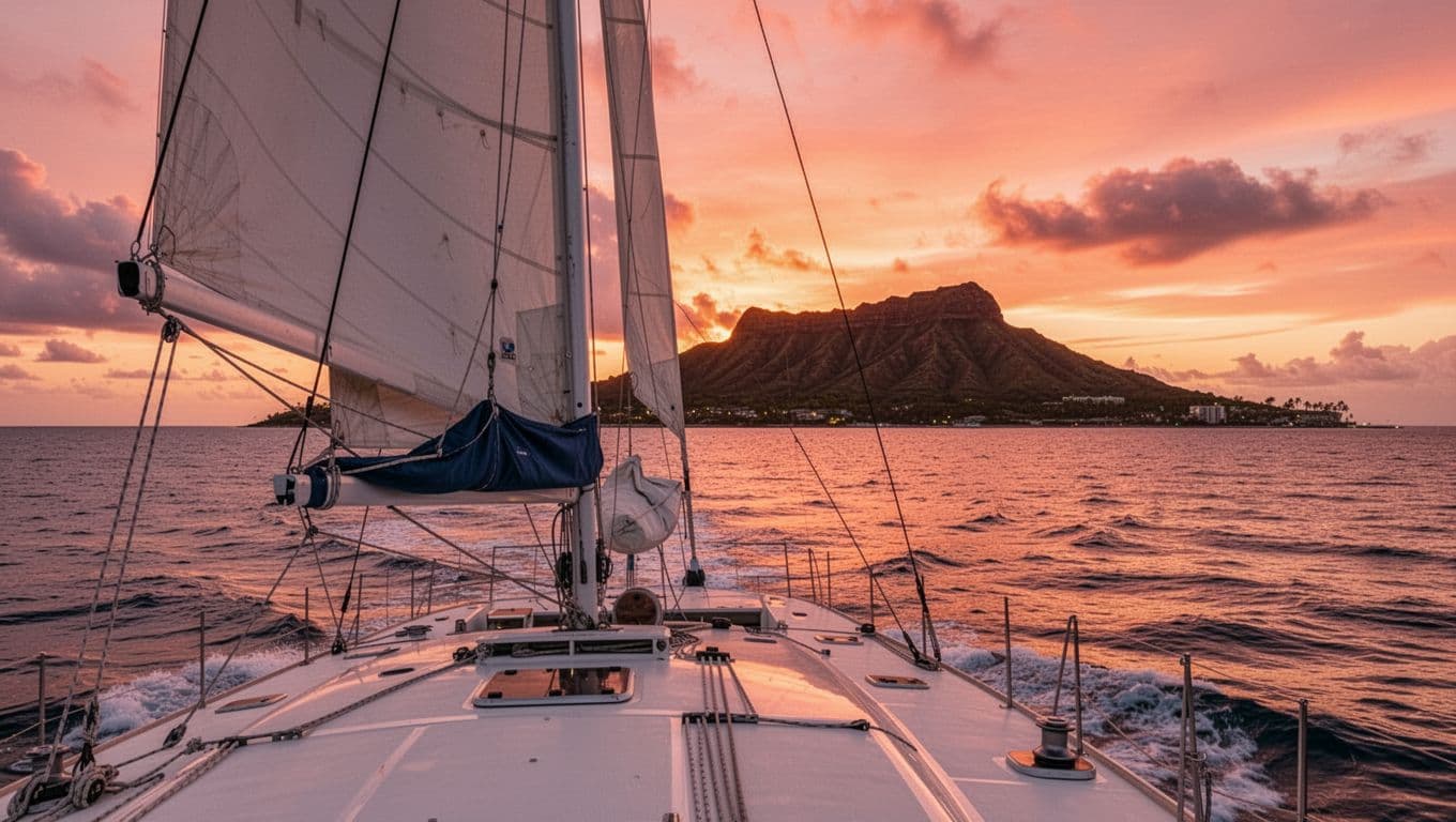 A sleek catamaran sails across calm Pacific waters as the sun dips below the horizon. The iconic silhouette of Diamond Head stands prominently against a vivid orange and pink evening sky.