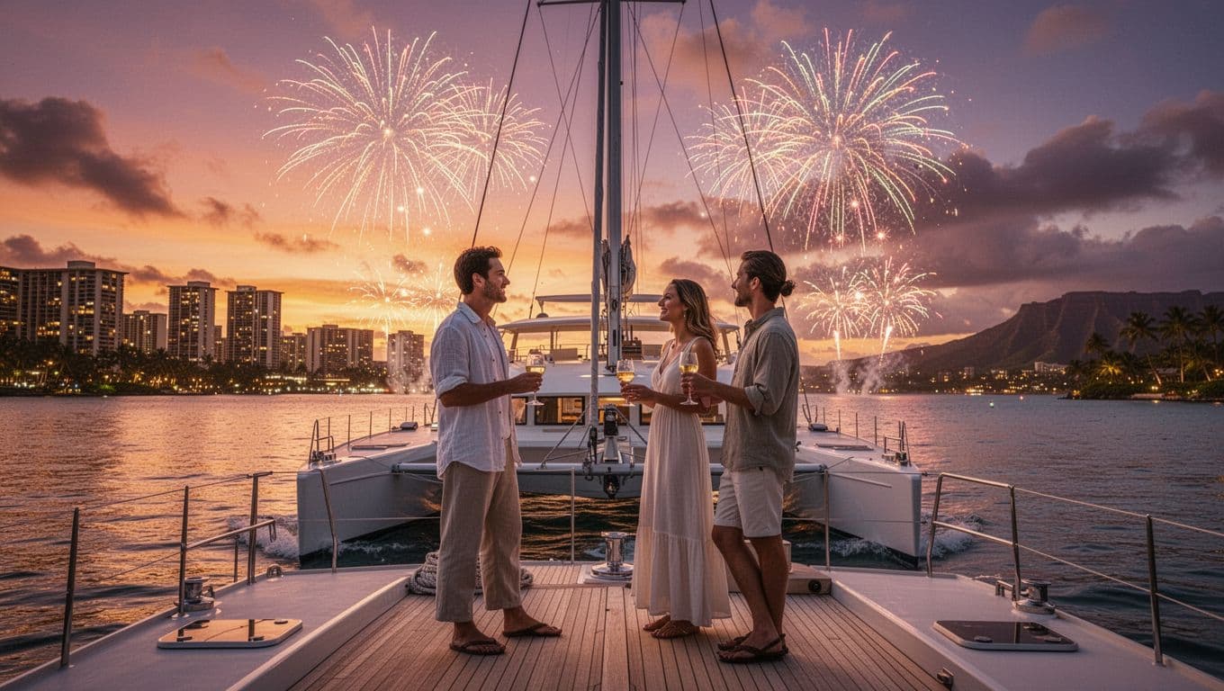 Luxury catamaran at sunset with Waikiki skyline, distant fireworks, four people on deck with drinks.