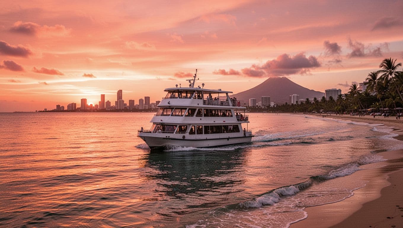 Double-decker boat Coral Kai glides across calm ocean at sunset off Waikiki Beach, with vibrant orange-pink sky reflecting on water, distant city skyline and Diamond Head silhouette.