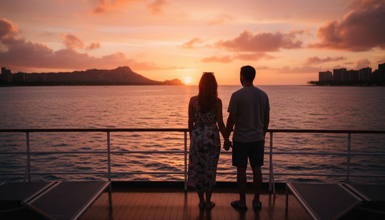 Couple holds hands on double-decker boat deck, gazing at orange-pink sunset sky over ocean and Diamond Head silhouette.