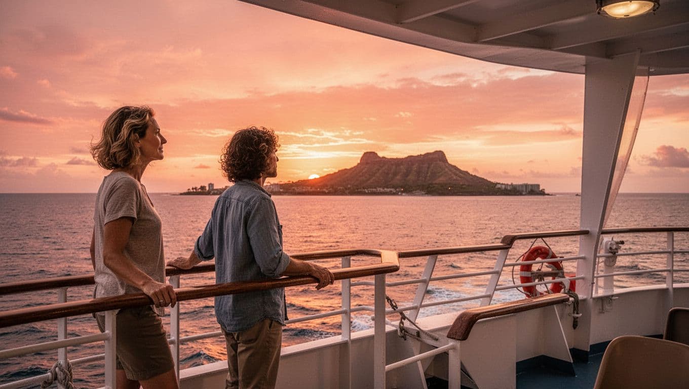 Two adults stand relaxed on the upper deck of a double-decker boat during a Waikiki sunset cruise, gazing at the vibrant orange and pink sunset over the calm Pacific Ocean with Diamond Head silhouette in the background.