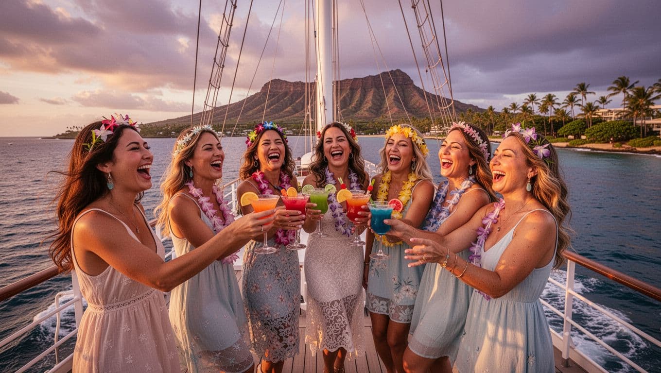 Six excited women in summer dresses and party accessories laugh and toast with colorful cocktails on the upper deck of a double-decker sailing boat off Waikiki Beach at sunset, with Diamond Head crater visible.