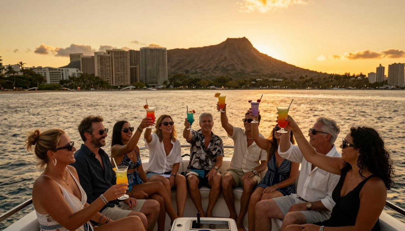 Festive group of eight adults raising colorful cocktails in a toast on the upper deck of a double-decker boat cruising off Waikiki at golden hour sunset, with Diamond Head silhouette in the background.