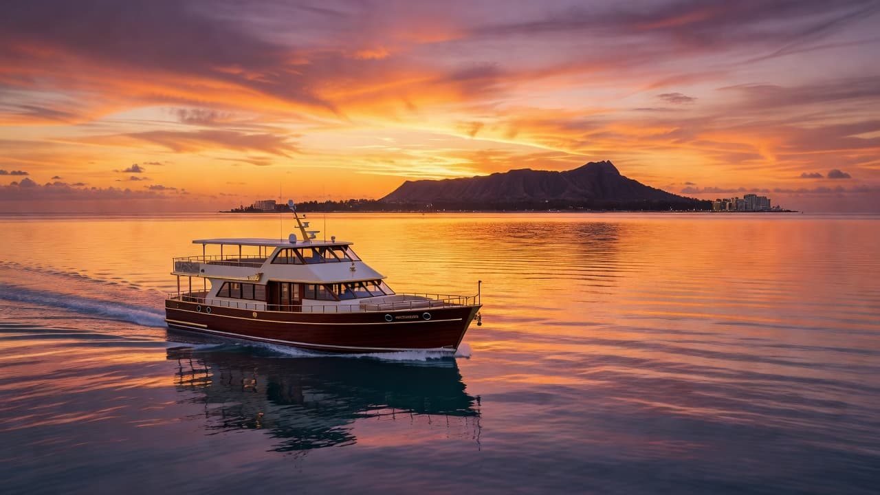 A double-decker boat cruises through calm turquoise waters as the vibrant sunset sky glows in shades of orange and purple. The iconic Diamond Head crater looms majestically in the far distance.