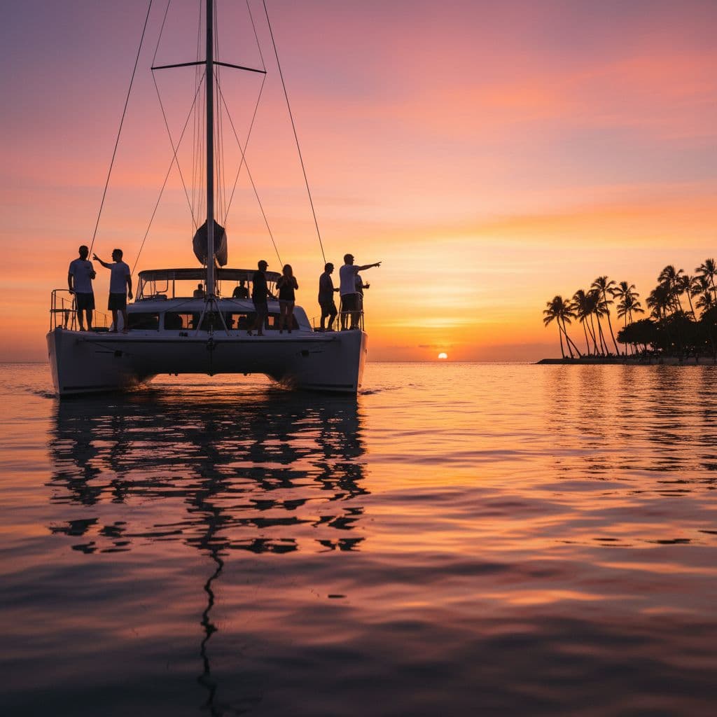 A boat sails across calm Pacific waters during a vibrant, colorful sunset near the Waikiki coastline.