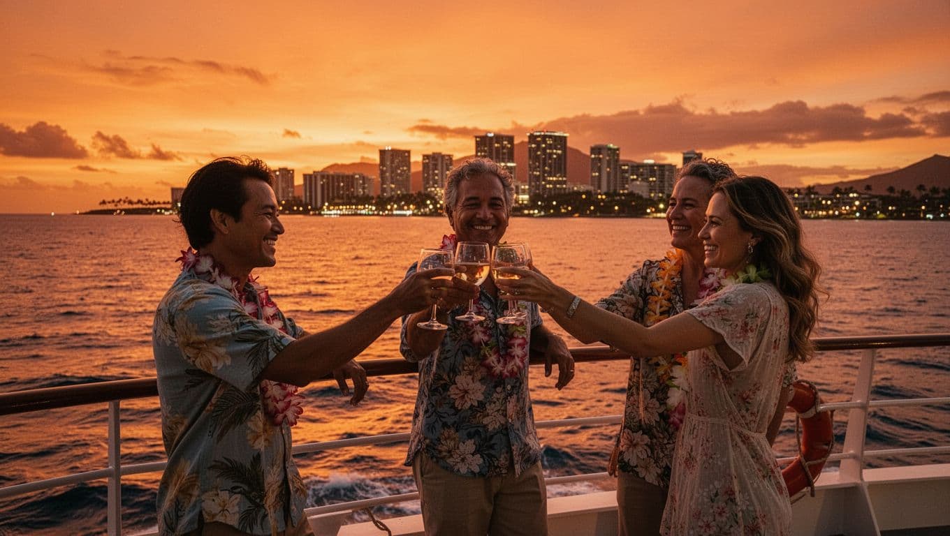 Three passengers toast drinks on boat rail at sunset, orange sky over ocean, Waikiki skyline lights emerging.