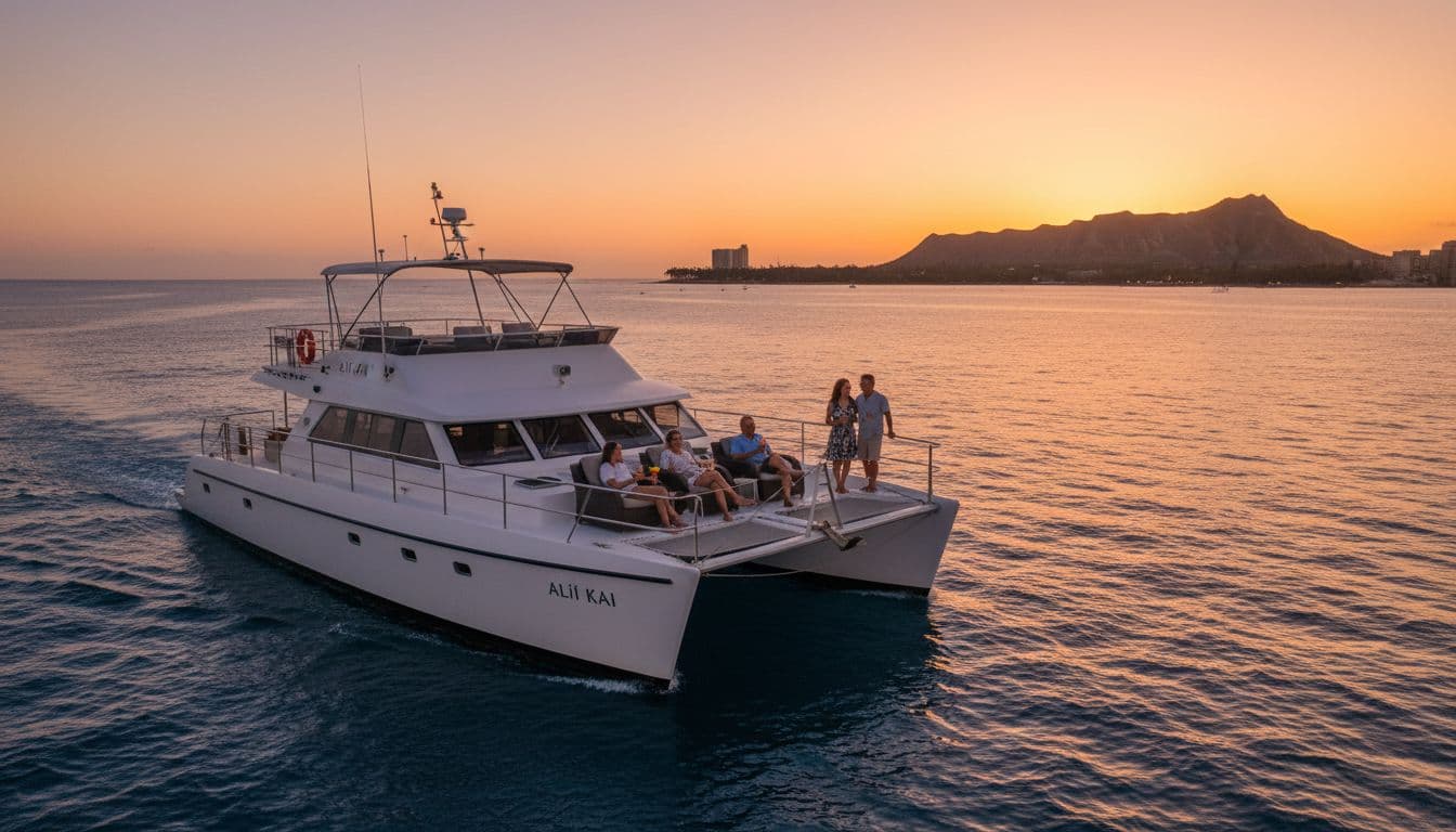 A sunset cruise boat sails along the Waikiki coastline at dusk under an orange and pink sky, with Diamond Head in silhouette. Passengers relax on the upper deck with drinks amid calm waves and golden hour lighting.