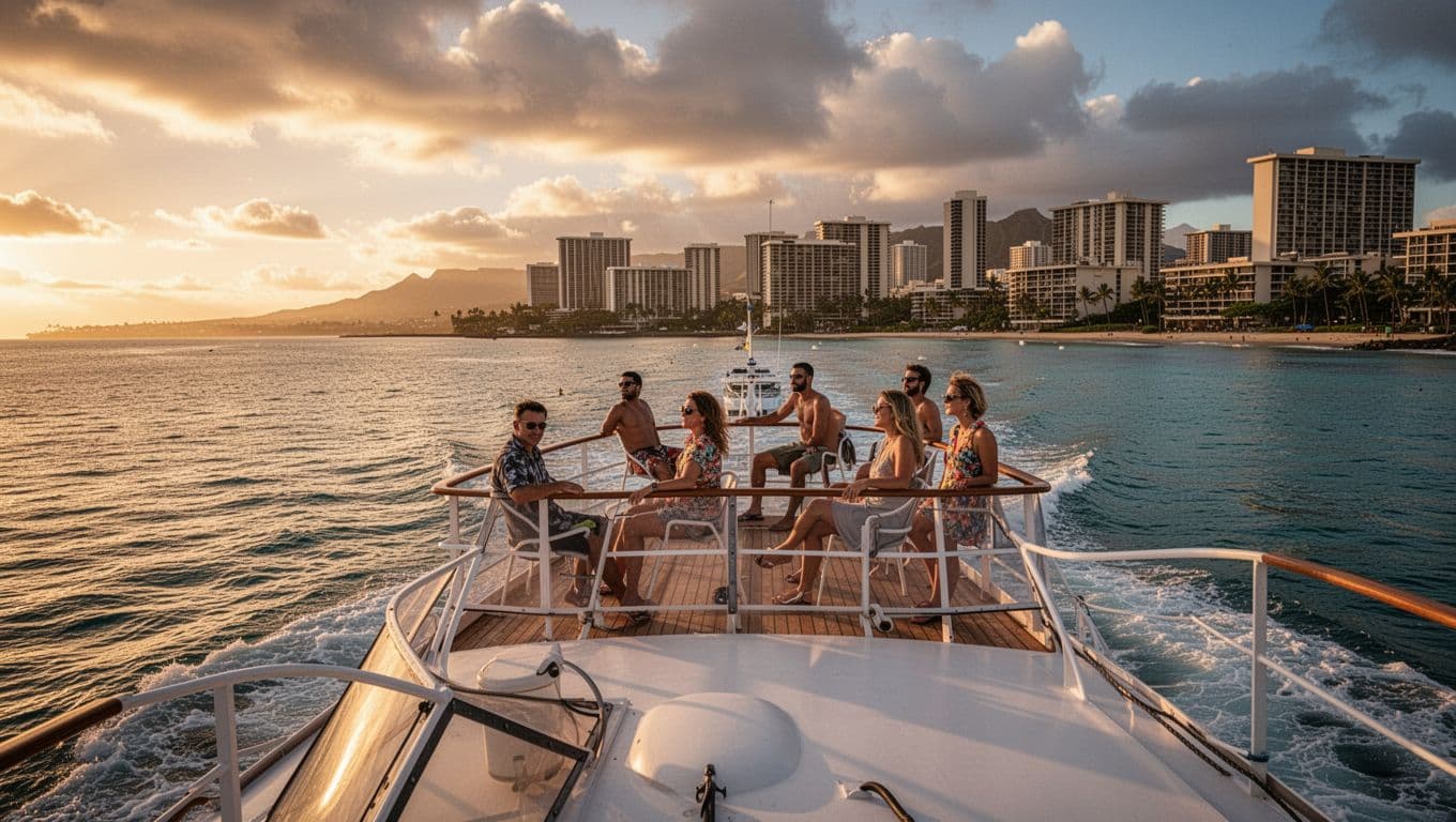 Sunset cruise boat sailing along Waikiki shoreline at golden hour with six passengers enjoying views from the upper deck. Calm ocean waves and Honolulu skyline in the background under dramatic warm lighting.