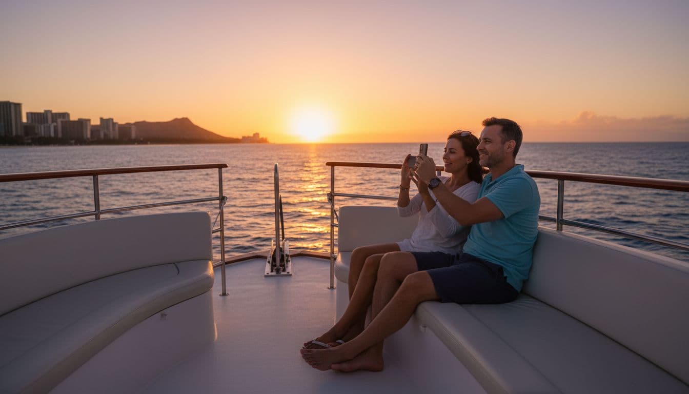 Front bow seating area on a double-decker sunset cruise boat off Waikiki Beach, with a couple capturing photos of the vibrant orange sunset over the Pacific Ocean and distant city skyline in warm evening light.