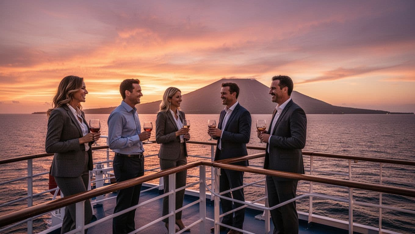 Twelve corporate team members in semi-formal attire chat and sip drinks with relaxed smiles on the upper deck of a double-decker boat during a vibrant Waikiki sunset cruise, with Diamond Head silhouette on the horizon.