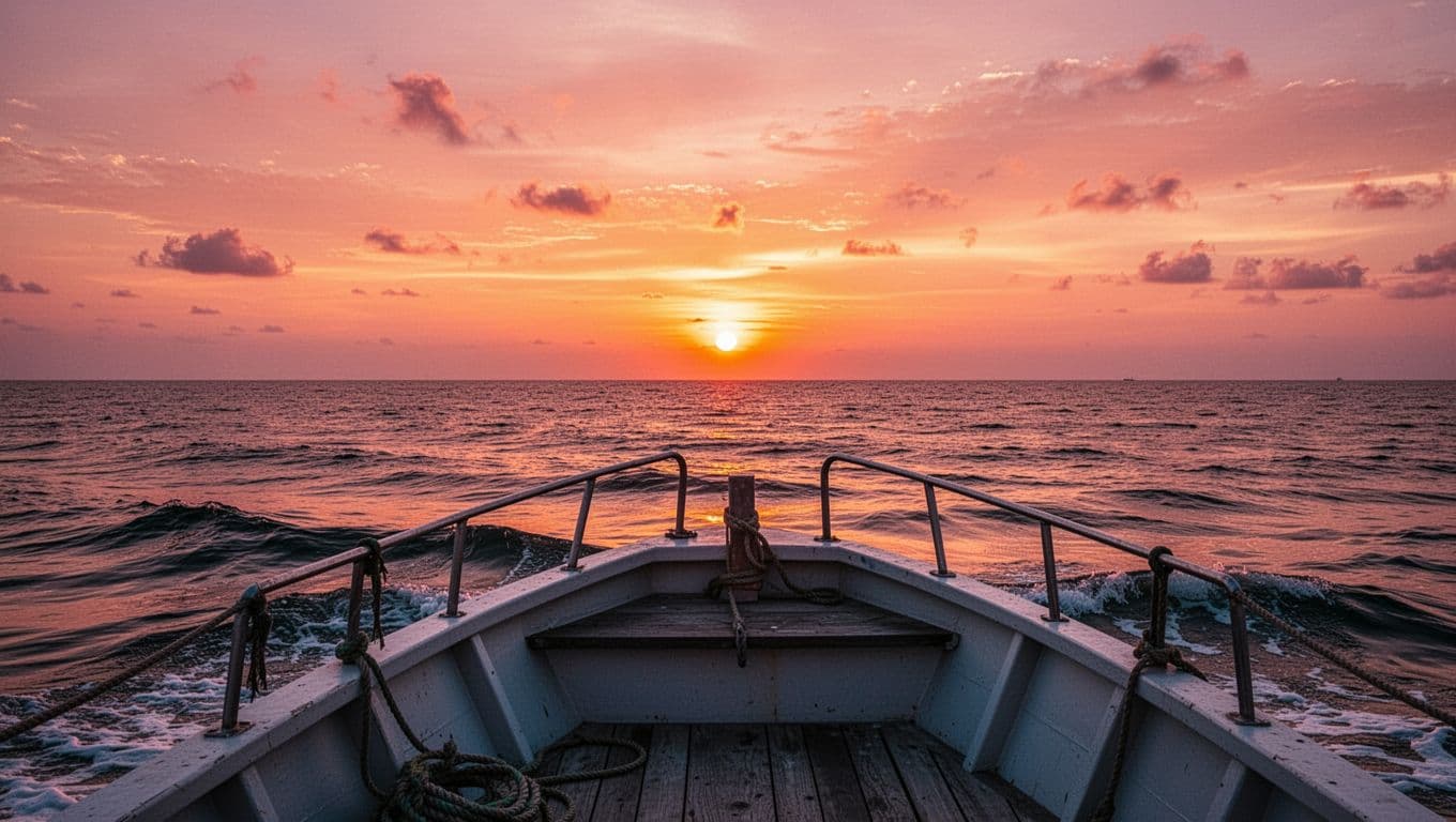 Golden sunlight reflects across the calm ocean waves viewed from a wooden boat deck. The glowing sun dips below the horizon, casting deep silhouettes against the dramatic, high-contrast evening sky.