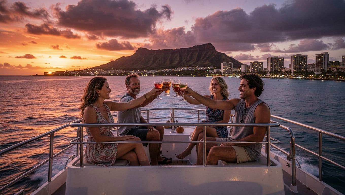 Dramatic Waikiki sunset cruise on double-decker boat with orange-purple sky, Diamond Head silhouette, and four adults relaxing on deck toasting drinks as city lights emerge.