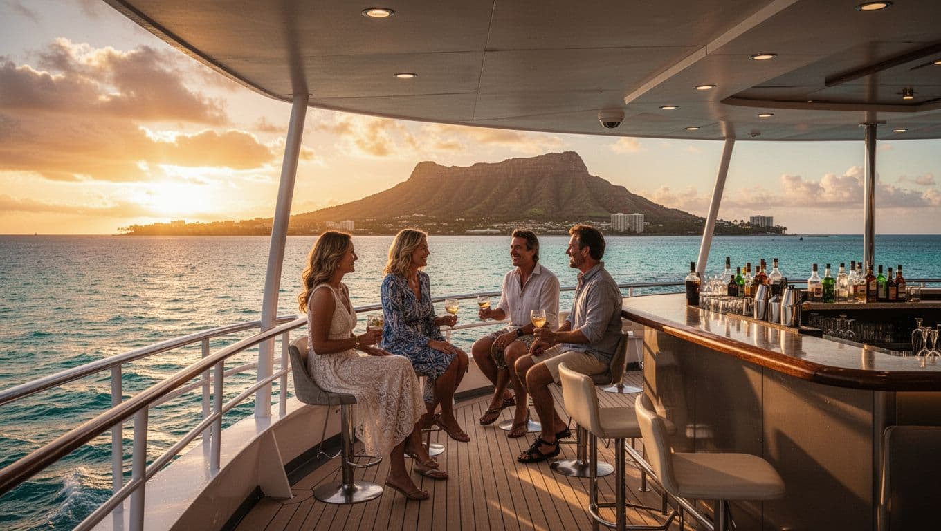 Vibrant sunset view from the upper deck of a double-decker boat on a Waikiki cruise, showcasing calm turquoise ocean, Diamond Head silhouette, and relaxed couples chatting amid modern amenities.