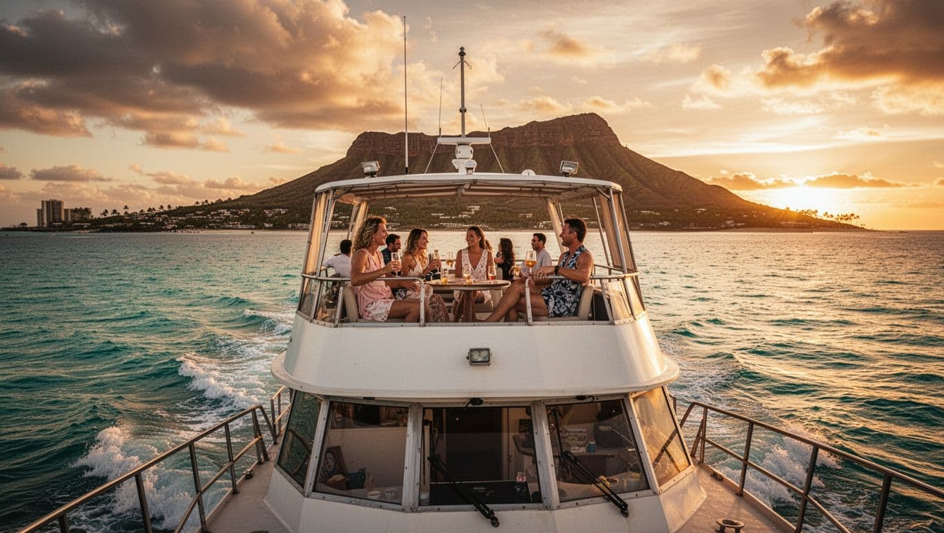 Double-decker boat cruising off Waikiki Beach during golden hour sunset with calm turquoise ocean waves and Diamond Head volcano silhouette on the horizon. A small group of three adults relaxes on the open upper deck with drinks in hand in relaxed poses, captured in cinematic style with dramatic warm lighting.