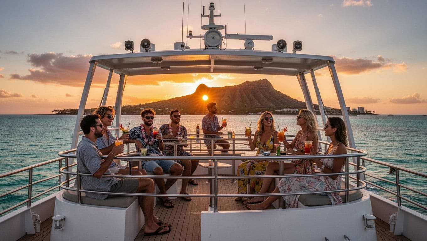 Vibrant orange sun setting over the Pacific Ocean horizon from a spacious double-decker boat during a Waikiki sunset cruise, featuring Diamond Head silhouette, calm turquoise waters reflecting the sunset, and exactly four distant relaxed passengers on the open deck with drinks.