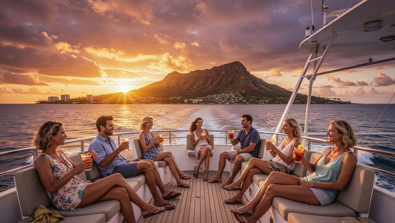 Golden sun setting behind Diamond Head during a Waikiki sunset cruise on a double-decker boat, with calm ocean waves and passengers relaxing on deck with drinks under a warm orange-purple sky.