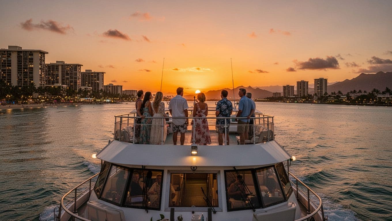 Double-decker sunset cruise boat sailing calm waters off Waikiki Beach at dusk, with exactly 8 people—4 couples—on deck watching the orange sun set behind the horizon as city lights glow. Cinematic style features strong contrast, depth, and dramatic warm lighting.