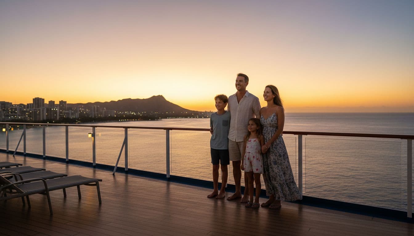 A joyful family of four—parents and two young children aged 6 and 8—enjoy relaxed smiles on a spacious boat deck during a sunset cruise, with orange ocean horizon and twinkling Honolulu lights.