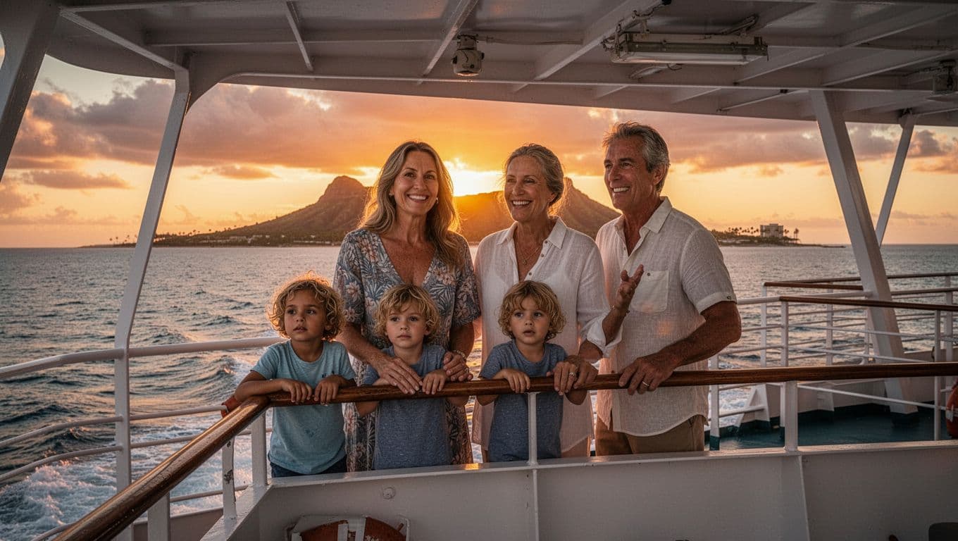 Family of four with two young kids aged 4-7 enjoying sunset cruise off Waikiki Beach on double-decker boat upper deck, watching glowing orange horizon with Diamond Head silhouette.