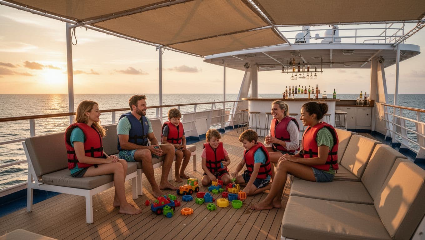 Spacious double-decker boat deck during Waikiki sunset cruise at dusk, with a young family—two adults and three kids in life jackets—playing toys near shaded seating, parents relaxing, calm sea, and bar amenities in background.