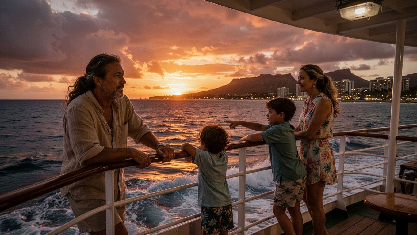 Three visitors on boat deck watch sun set over Pacific near Oahu, Waikiki lights twinkling.