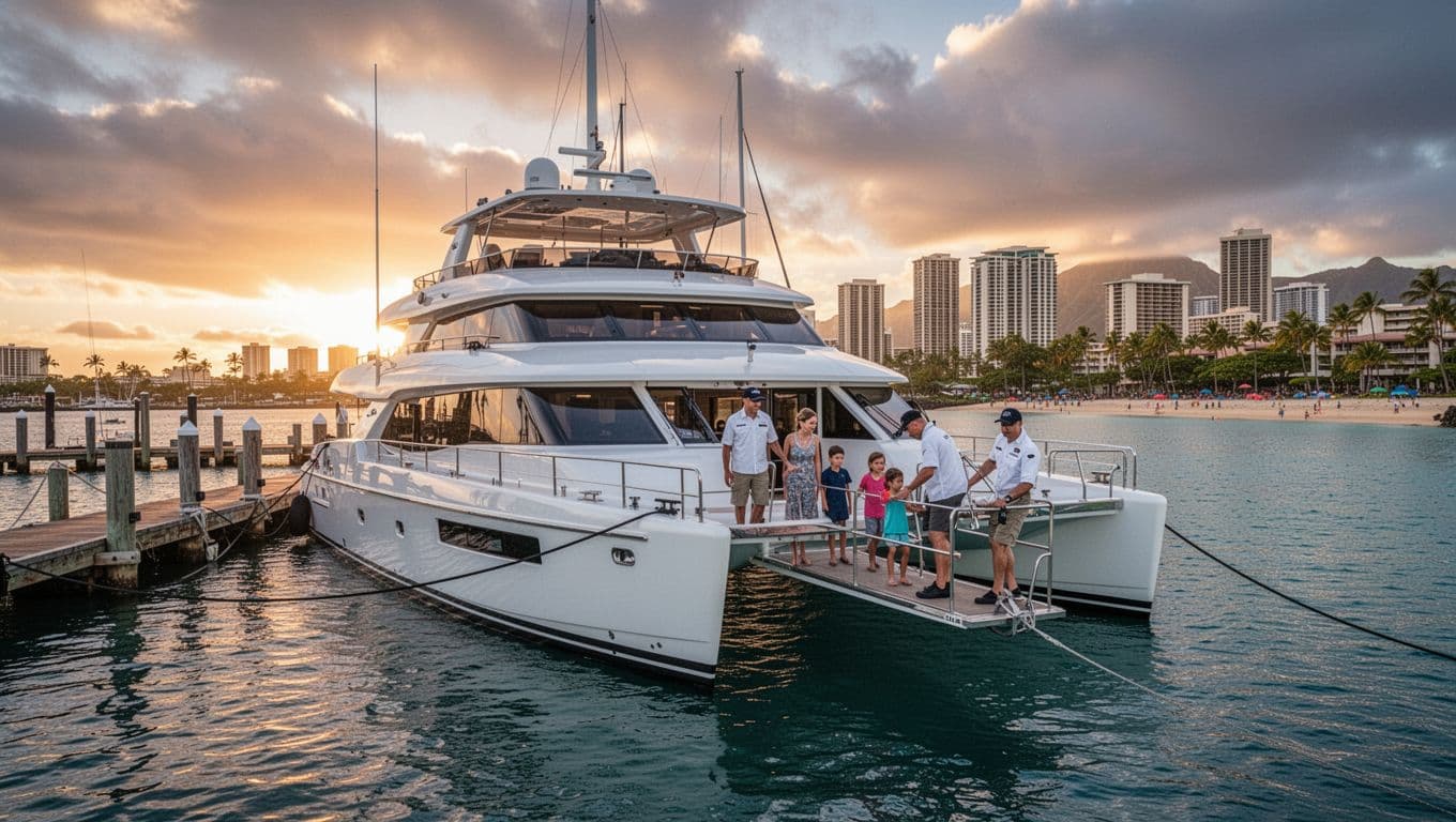 Luxury double-decker catamaran docked at Kewalo Basin Harbor with two crew assisting one family boarding, Waikiki Beach and Honolulu skyline in distance.