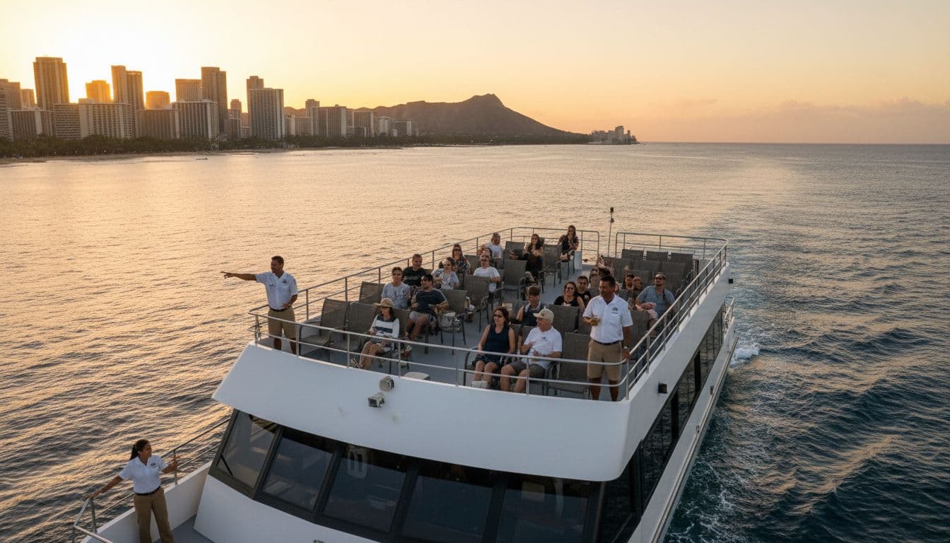 Double-decker Waikiki sunset cruise boat with passengers relaxing on deck, exactly three crew pointing out sights, golden hour warm lighting over ocean and city skyline.