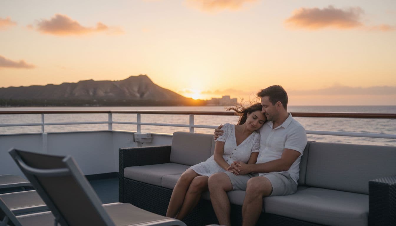 Romantic couple cuddling on the upper deck of a double-decker boat during a Waikiki sunset cruise, with Diamond Head silhouette on the ocean horizon under a warm orange and pink sky.
