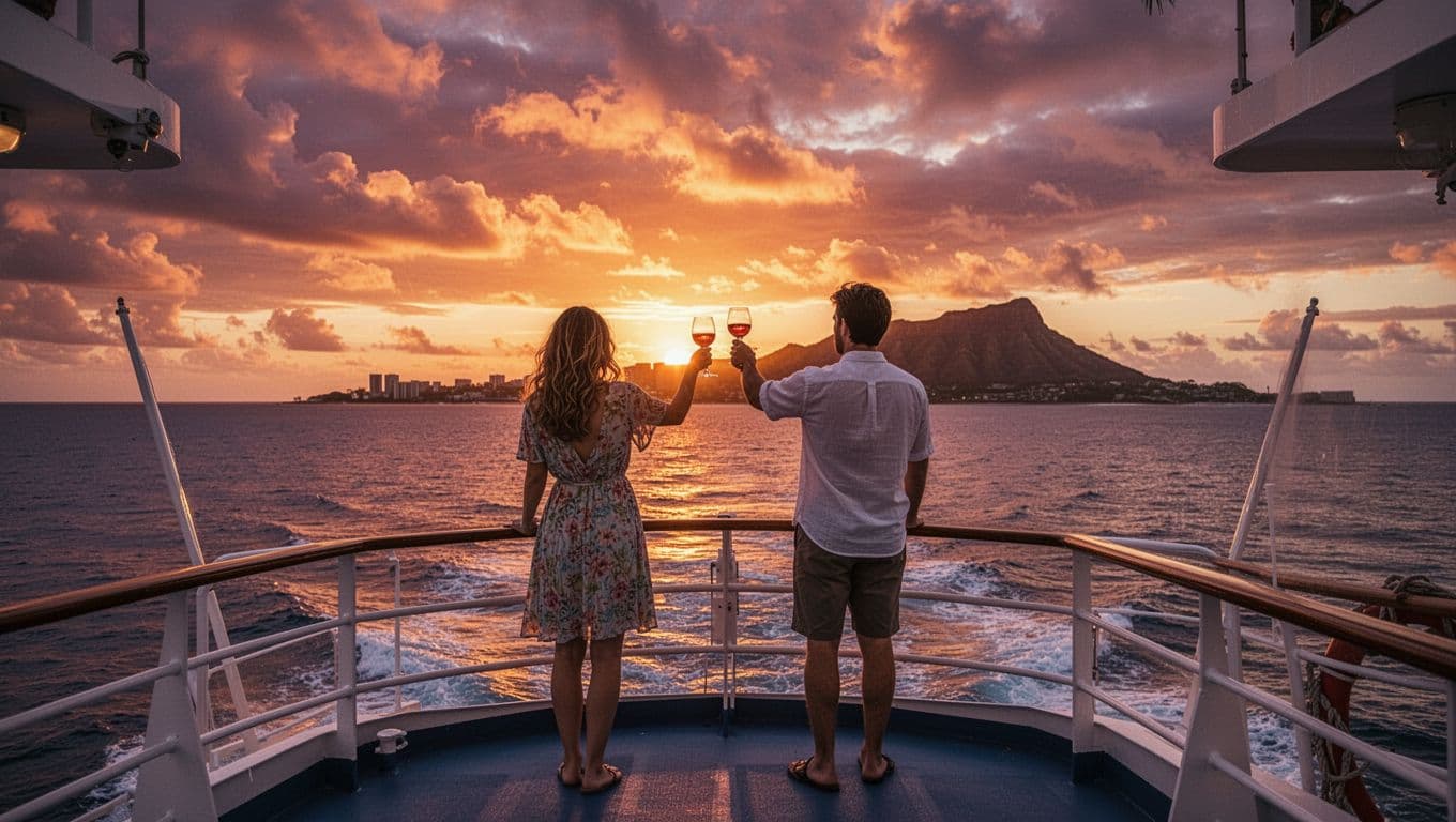 Majestic sunset over Waikiki coastline from a double-decker boat, fiery orange and purple sky reflecting on glassy ocean, Diamond Head silhouette, couple toasting at railing.
