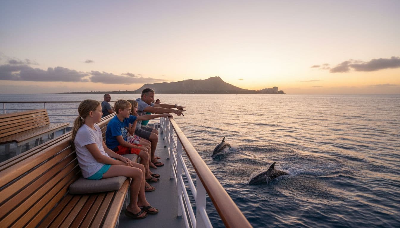 A relaxed family of four spots jumping dolphins from side deck railing seats on a Waikiki sunset cruise boat, with Diamond Head in the dusky Pacific Ocean background under purple-orange skies.