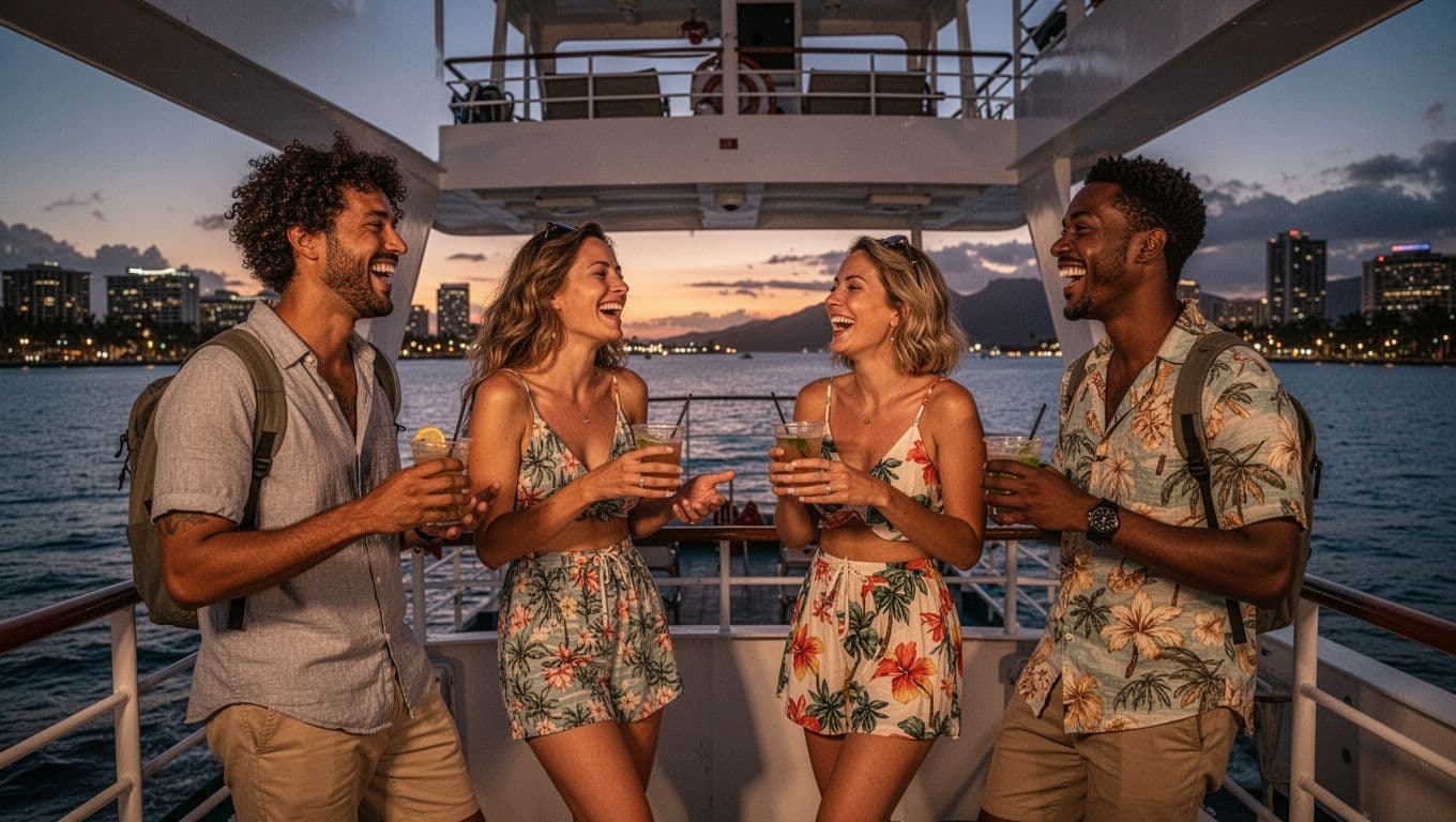 Four diverse solo travelers, two men and two women in casual resort wear, laugh and chat animatedly on the open deck of a double-decker boat during a Waikiki sunset cruise, holding non-alcoholic drinks with calm seas and city lights in the background.