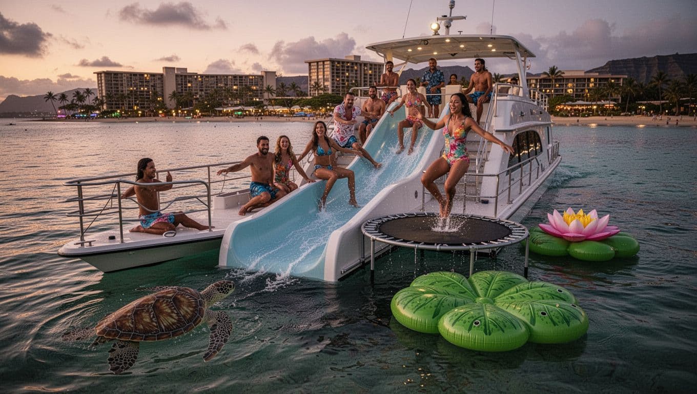 Eight relaxed people on lily pad float near cruise boat with water slide and trampoline, green sea turtles in clear water, Hilton lights at dusk.