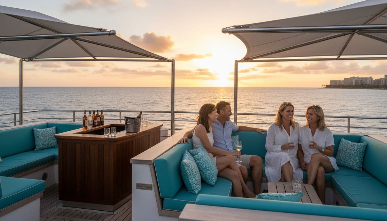 Passengers chat and sip drinks on the shaded upper deck of a modern double-decker boat during a Waikiki sunset cruise, featuring comfortable seating, a small cash bar, and stunning ocean views at dusk.