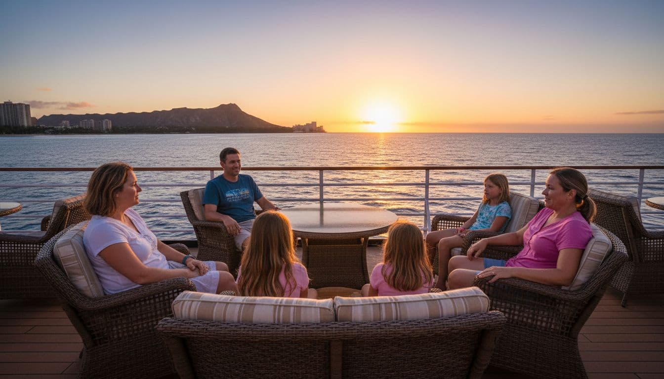 Passengers enjoy 360-degree panoramic ocean views from the upper deck of a double-decker boat during a Waikiki sunset cruise, with Diamond Head silhouette and golden hour glow.