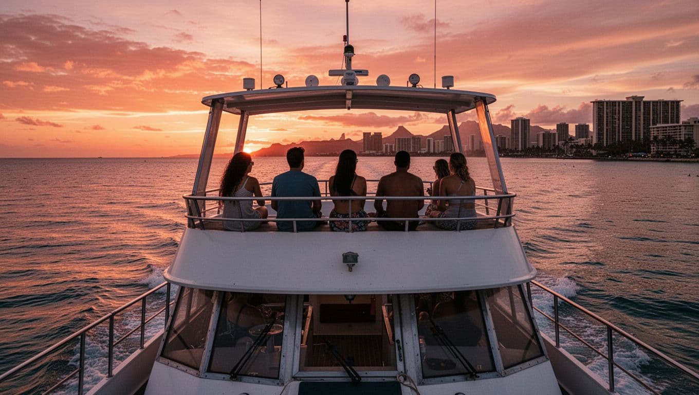 Double-decker boat glides on calm Waikiki ocean at sunset with silhouetted passengers on upper deck and distant city skyline.