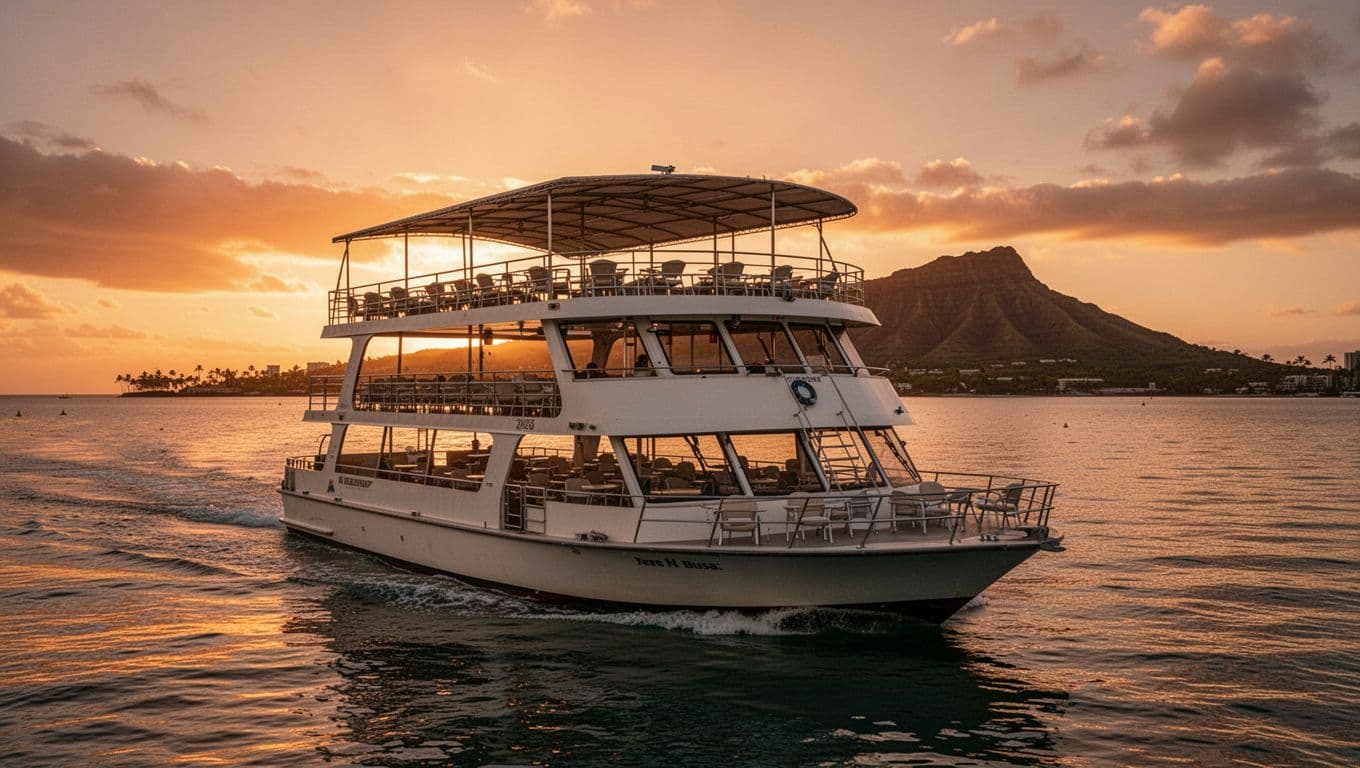Double-decker boat cruises calm Waikiki waters at sunset with orange horizon and Diamond Head background.