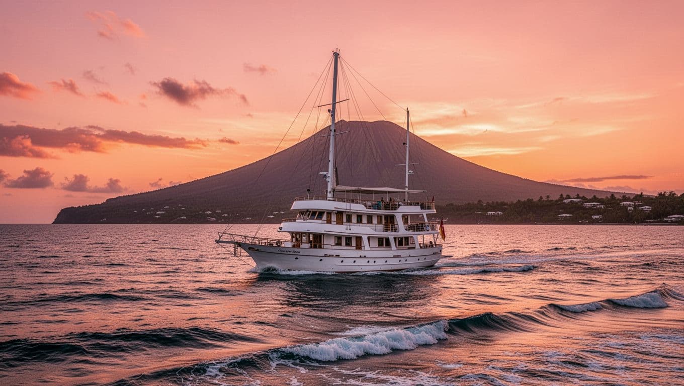 Double-decker boat sails calm ocean at sunset off Waikiki coastline, Diamond Head silhouetted against orange-pink sky.