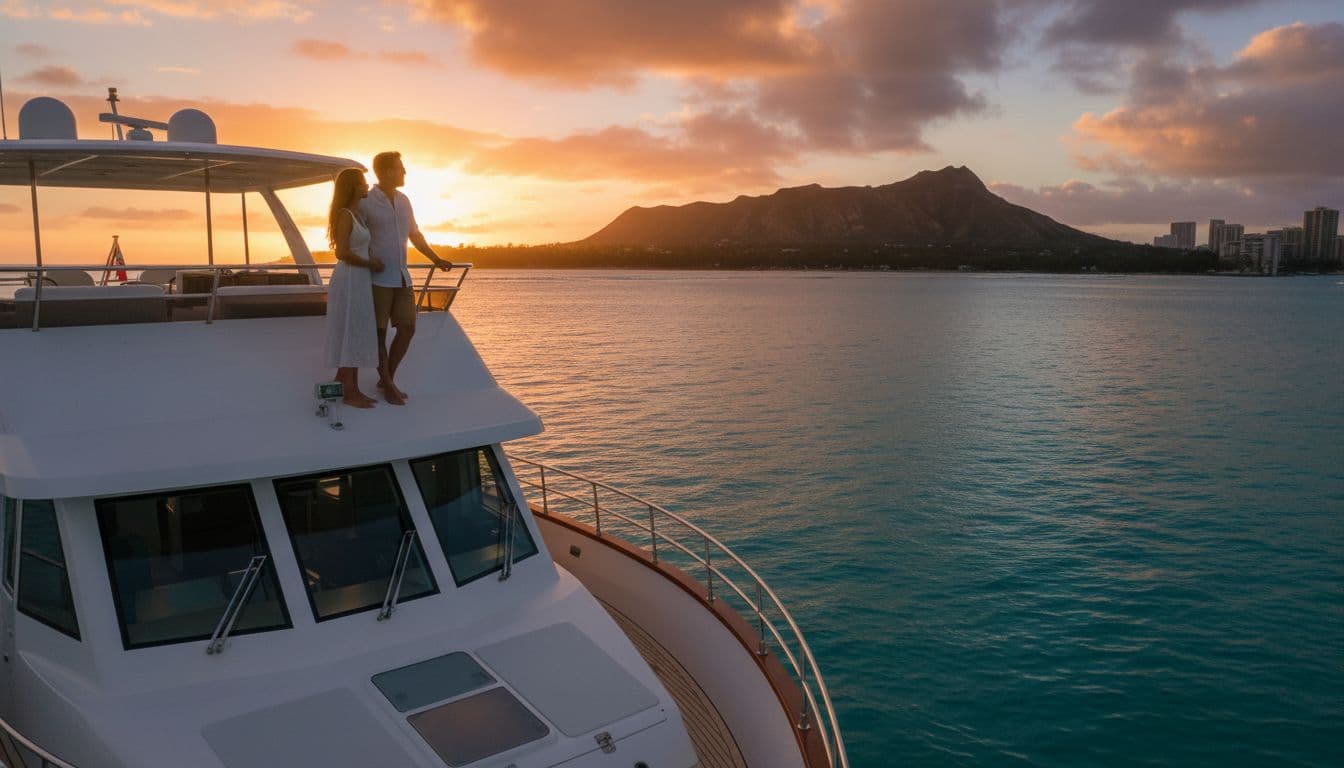 Double-decker boat cruises turquoise waters off Waikiki at sunset, Diamond Head in background, couple leans on deck railing.